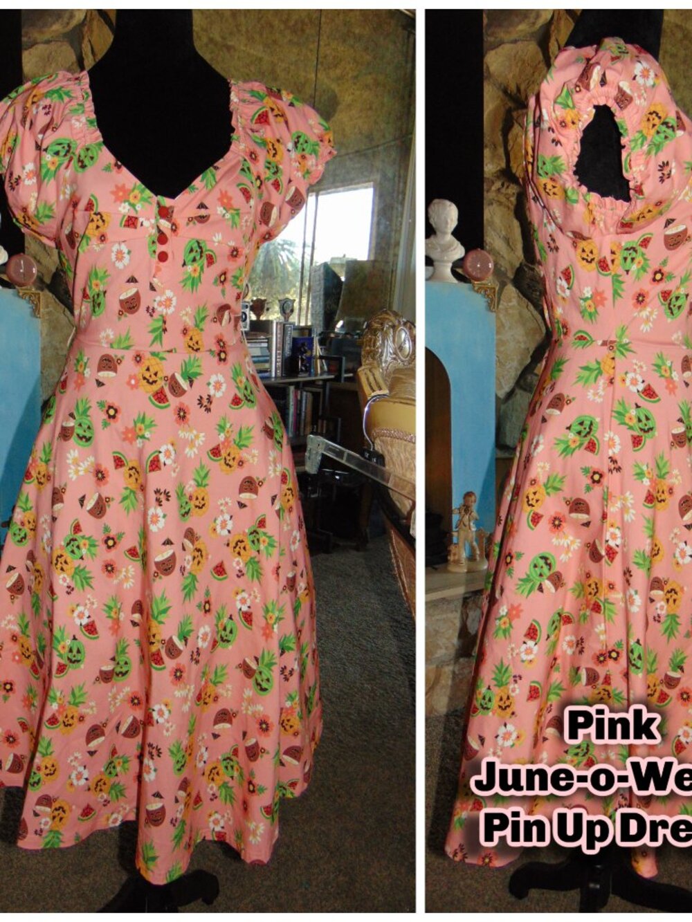 NEW Unique Vintage Pink June-o-ween Spooky TIKI Swing Dress Pin Up Halloween M - Picture 2 of 16
